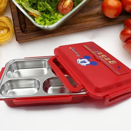 Cartoon Printed 4&nbsp;Compartment Insulated Lunch Box Stainless Steel |Tiffin Box for Boys, Girls, School & Office Men&nbsp;for Microwave  Freezer Safe&nbsp;Adult Children Food Container (1 Pc)