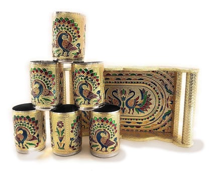 Peacock Design Glass with Handle and Handicraft Serving Tray Set | Assorted Colour