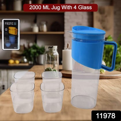 Transparent Stylish Premium Jug with Elegant Handle (2000 ML Jug Approx & 4 Pcs Plastic Glass) | Assorted Colour