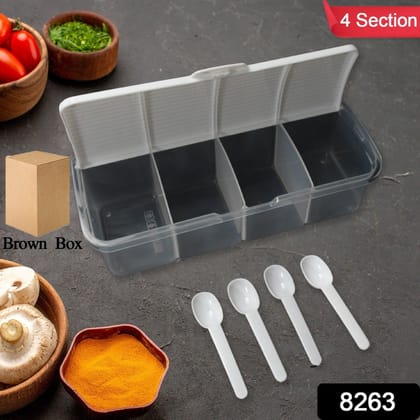 Kitchen Multipurpose Air-tight 4 Sections Storage Containers / Masala Box&nbsp;Pickle (Achar) Jar with 4 spoon for each section (1 Pc / Mix Color)