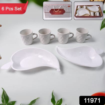 Unibic Ceramic Tea Cups With Plastic Leaf Shape tray / Platter (6 Pcs Set) | Assorted Colour