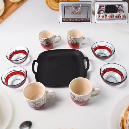 Healthy Choice Set Of 4pc Ceramic Cup And 4pc Glass Bowl With Plastic Plate (9 Pcs Set) | Assorted Colour