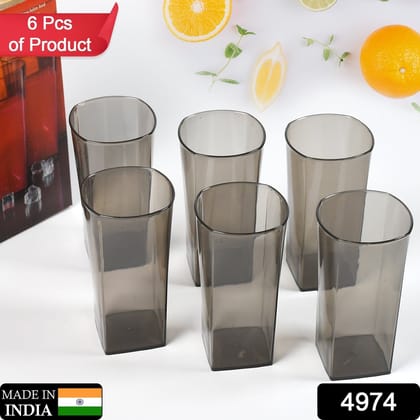 Unbreakable Stylish Transparent Square Design Water / Juice / Beer / Wine Tumbler Plastic Glass Set ( 300 ML, Pack of 6) ( Black )