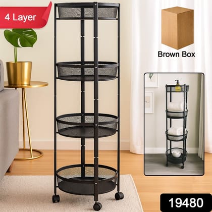 4-Layer Round Metal Mesh Storage Organizer Rack with Wheels (1 Pc)