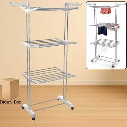 3-Tier Foldable Stainless Steel Cloth Drying Stand with Wheels 3-Tier Foldable Stainless Steel Cloth Drying Stand with Wheels